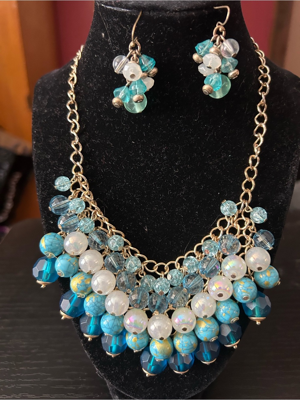 Gold-Tone Turquoise & Aqua Beaded Statement Necklace and Earrings Set